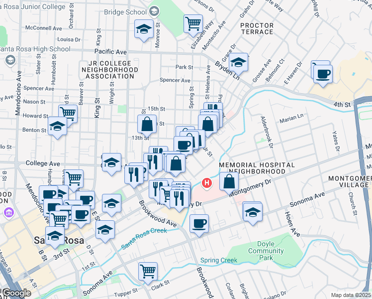 map of restaurants, bars, coffee shops, grocery stores, and more near 713 Spring Street in Santa Rosa