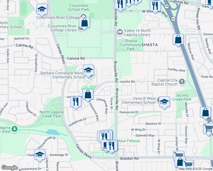 map of restaurants, bars, coffee shops, grocery stores, and more near 8163 Sheldon Road in Elk Grove