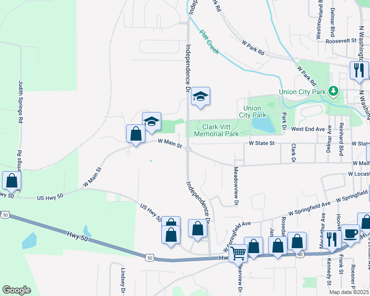 map of restaurants, bars, coffee shops, grocery stores, and more near 1105 West Main Street in Union