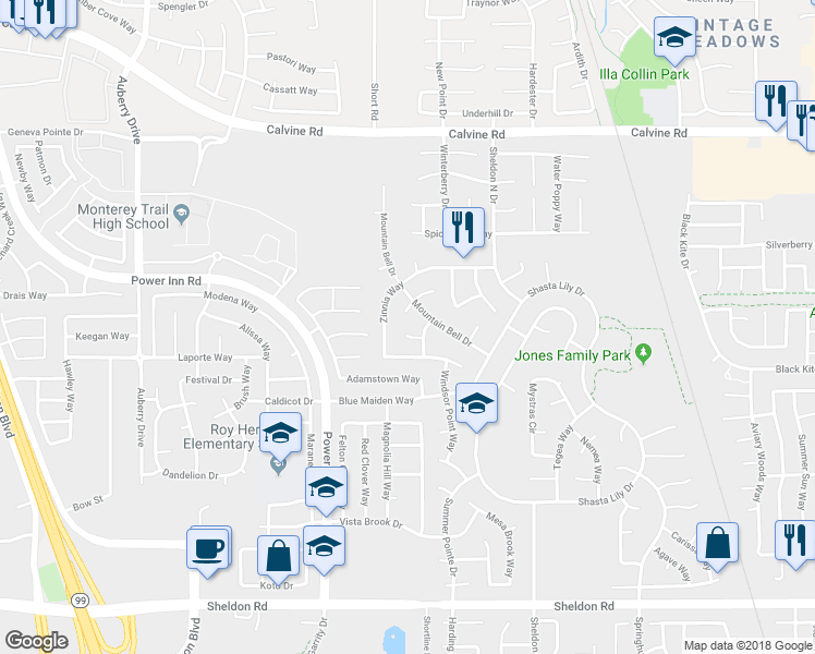 map of restaurants, bars, coffee shops, grocery stores, and more near 8529 Heartleaf Court in Elk Grove