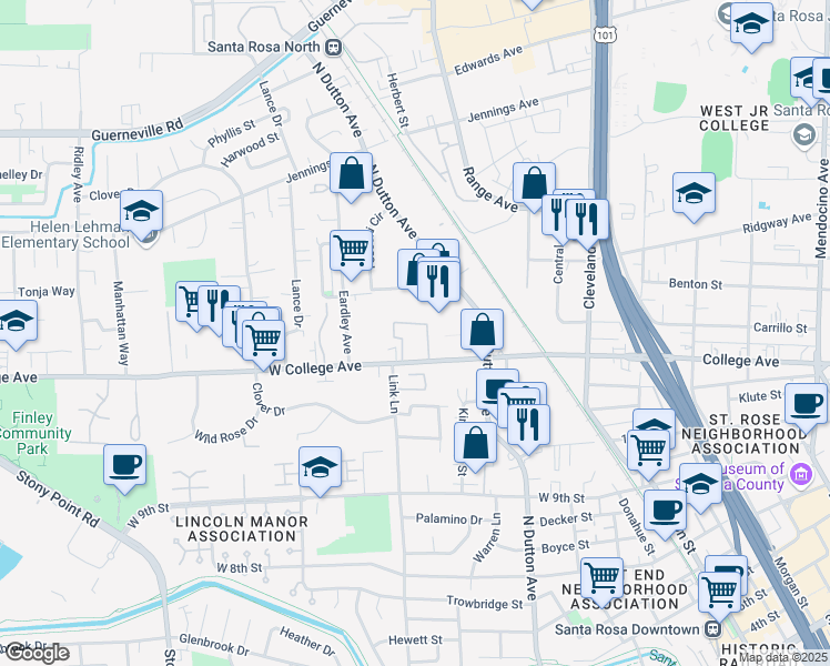 map of restaurants, bars, coffee shops, grocery stores, and more near 471 West College Avenue in Santa Rosa