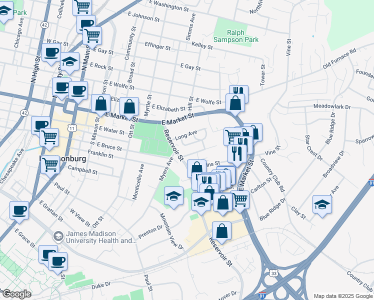 map of restaurants, bars, coffee shops, grocery stores, and more near 116 Reservoir Street in Harrisonburg