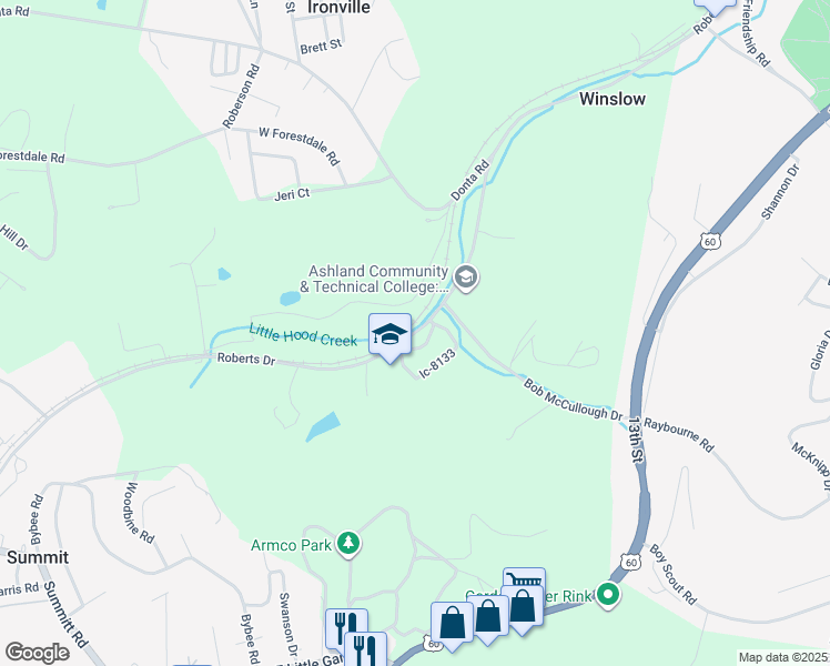 map of restaurants, bars, coffee shops, grocery stores, and more near 4818 Roberts Drive in Ashland