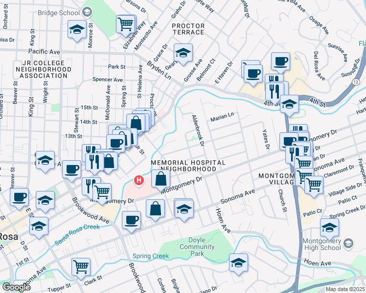 map of restaurants, bars, coffee shops, grocery stores, and more near 1553 Leonard Avenue in Santa Rosa