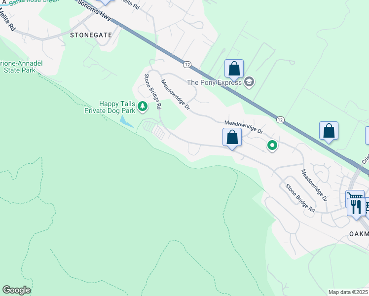 map of restaurants, bars, coffee shops, grocery stores, and more near 303 Stone Creek Cir in Santa Rosa