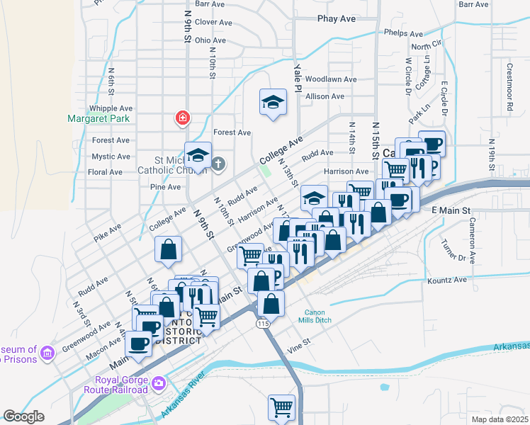 map of restaurants, bars, coffee shops, grocery stores, and more near 1110 Harrison Ave in Cañon City