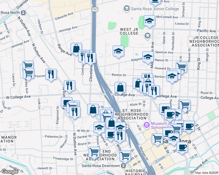 map of restaurants, bars, coffee shops, grocery stores, and more near 200 Carrillo Street in Santa Rosa