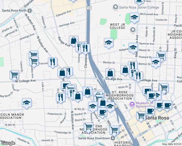 map of restaurants, bars, coffee shops, grocery stores, and more near 130 Carrillo Street in Santa Rosa