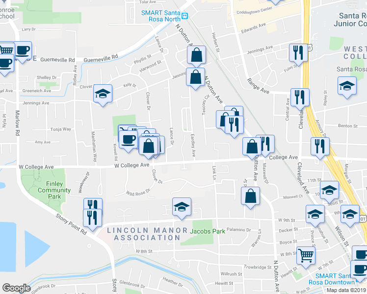 map of restaurants, bars, coffee shops, grocery stores, and more near 1120 Lance Drive in Santa Rosa