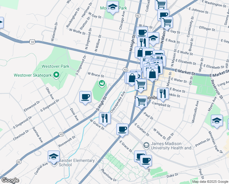 map of restaurants, bars, coffee shops, grocery stores, and more near 264 South High Street in Harrisonburg