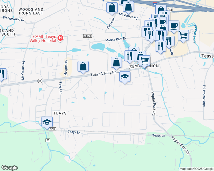 map of restaurants, bars, coffee shops, grocery stores, and more near 112 Chemar Drive in Hurricane