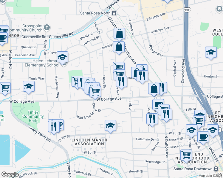map of restaurants, bars, coffee shops, grocery stores, and more near 725 West College Avenue in Santa Rosa