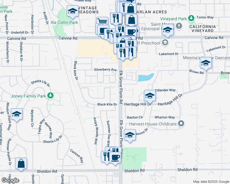 map of restaurants, bars, coffee shops, grocery stores, and more near 8887 Cherry Plum Court in Elk Grove