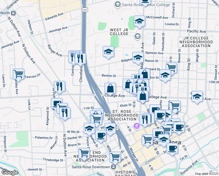 map of restaurants, bars, coffee shops, grocery stores, and more near 300 Carrillo Street in Santa Rosa