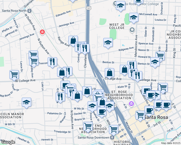 map of restaurants, bars, coffee shops, grocery stores, and more near 130 Carrillo Street in Santa Rosa