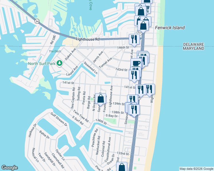 map of restaurants, bars, coffee shops, grocery stores, and more near 141st Street in Ocean City