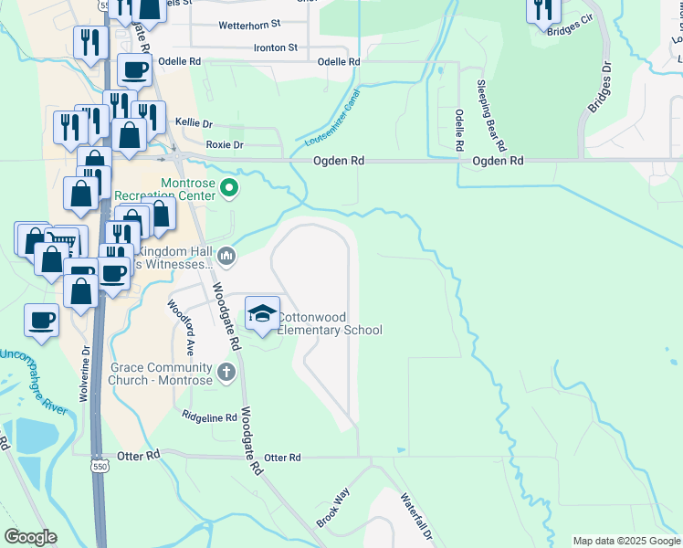 map of restaurants, bars, coffee shops, grocery stores, and more near 2018 Otter Pond Circle in Montrose