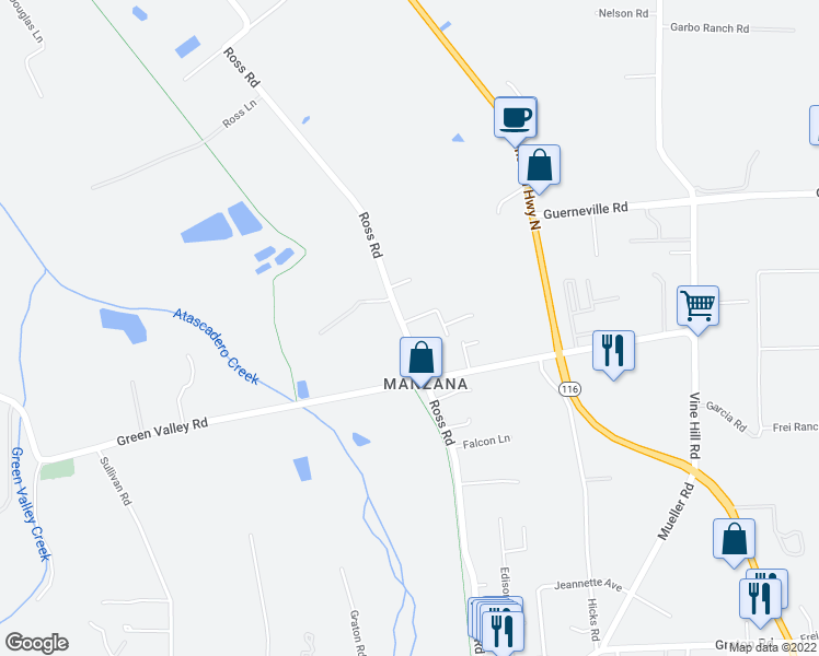 map of restaurants, bars, coffee shops, grocery stores, and more near 4201 Shook Road in Sebastopol