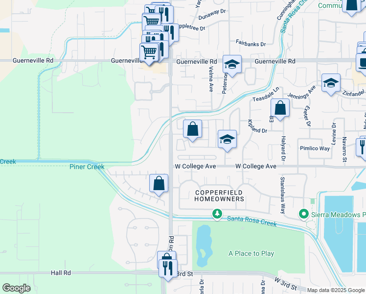 map of restaurants, bars, coffee shops, grocery stores, and more near 16 Heyford Circle in Santa Rosa