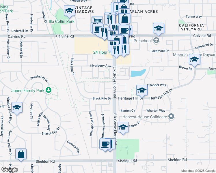 map of restaurants, bars, coffee shops, grocery stores, and more near 8883 Cherry Plum Court in Elk Grove