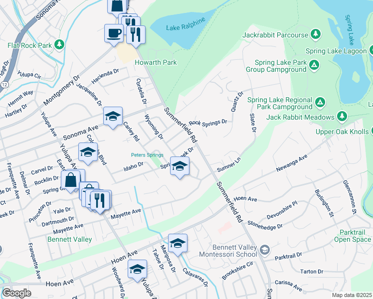 map of restaurants, bars, coffee shops, grocery stores, and more near 3723 Spring Creek Drive in Santa Rosa