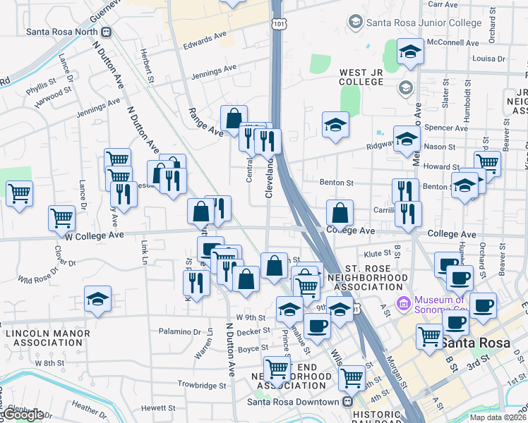 map of restaurants, bars, coffee shops, grocery stores, and more near 1121 Cleveland Avenue in Santa Rosa