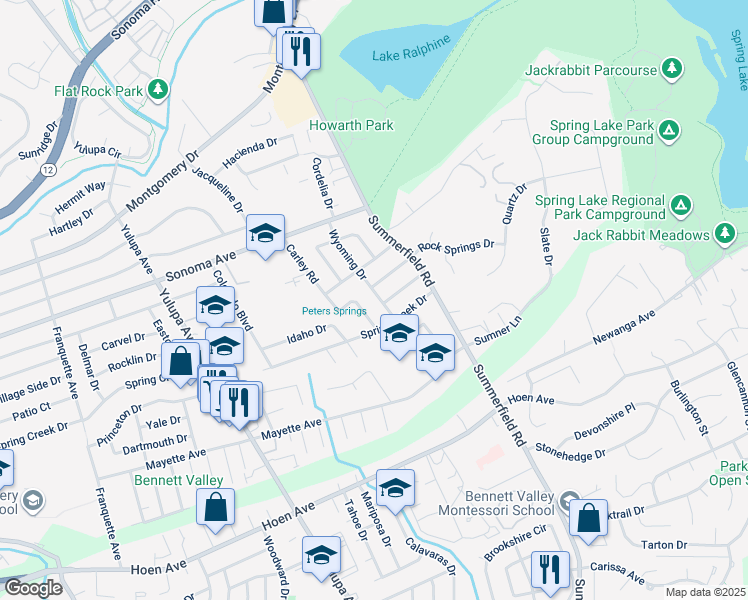 map of restaurants, bars, coffee shops, grocery stores, and more near 927 Wyoming Drive in Santa Rosa