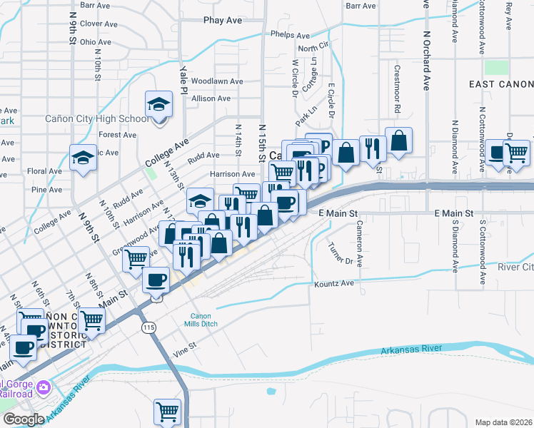 map of restaurants, bars, coffee shops, grocery stores, and more near 1516 Main Street in Cañon City