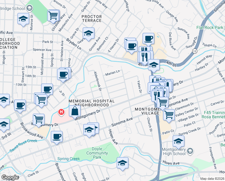 map of restaurants, bars, coffee shops, grocery stores, and more near 1819 Will Scarlet Lane in Santa Rosa