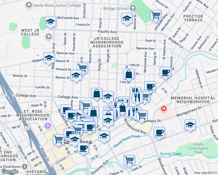 map of restaurants, bars, coffee shops, grocery stores, and more near 622 Wright Street in Santa Rosa