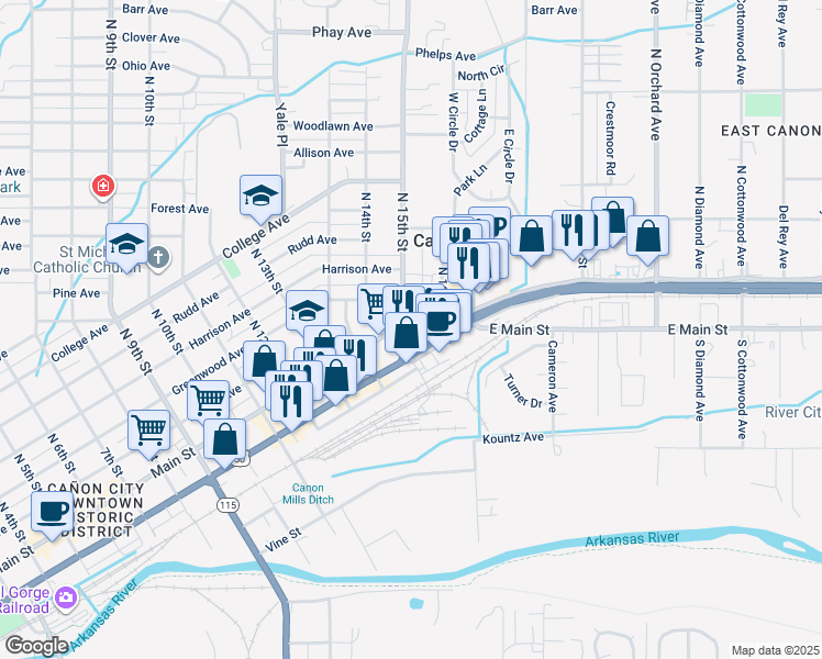 map of restaurants, bars, coffee shops, grocery stores, and more near 1516 Main Street in Cañon City