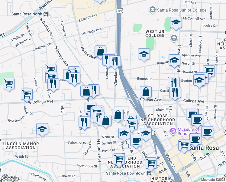 map of restaurants, bars, coffee shops, grocery stores, and more near 1121 Cleveland Avenue in Santa Rosa