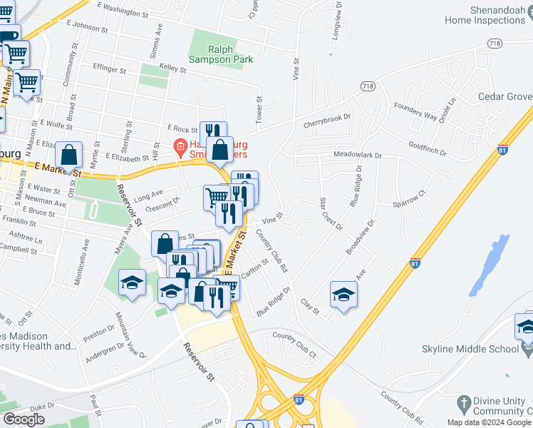 map of restaurants, bars, coffee shops, grocery stores, and more near 942 Vine Street in Harrisonburg