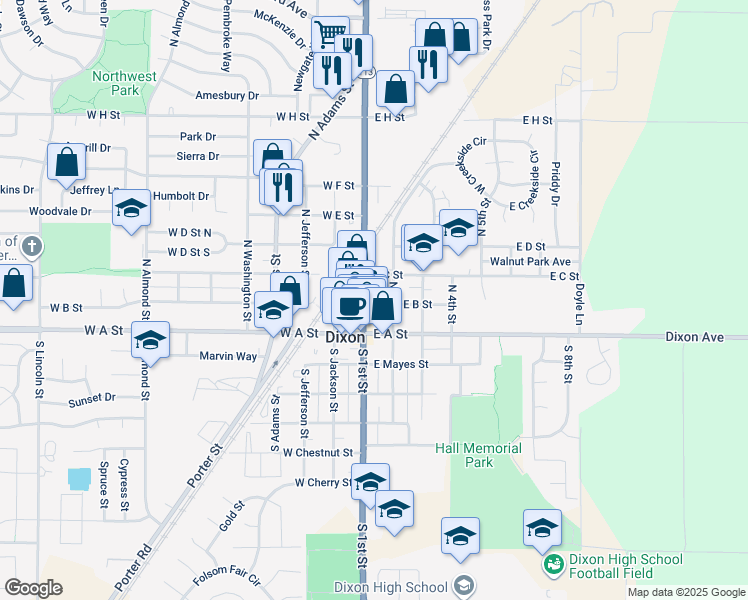 map of restaurants, bars, coffee shops, grocery stores, and more near 135 East B Street in Dixon