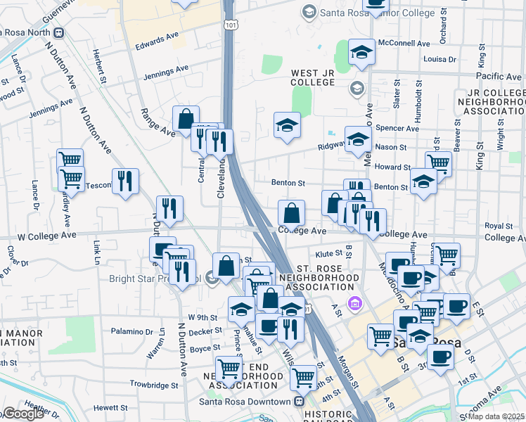 map of restaurants, bars, coffee shops, grocery stores, and more near 200 Carrillo Street in Santa Rosa