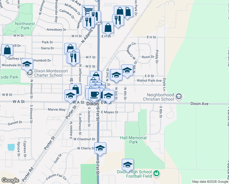 map of restaurants, bars, coffee shops, grocery stores, and more near 330 East B Street in Dixon
