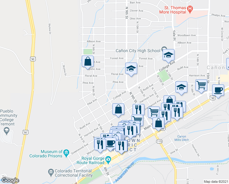 map of restaurants, bars, coffee shops, grocery stores, and more near 633 North 8th Street in Cañon City