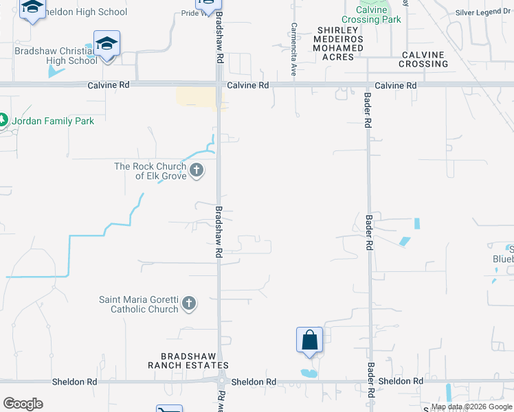 map of restaurants, bars, coffee shops, grocery stores, and more near 8595 Bradshaw Road in Elk Grove