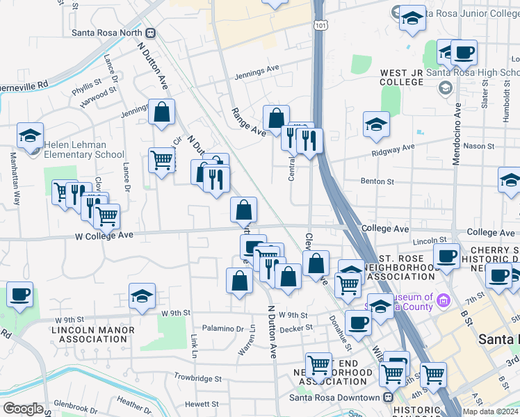 map of restaurants, bars, coffee shops, grocery stores, and more near 1110 North Dutton Avenue in Santa Rosa