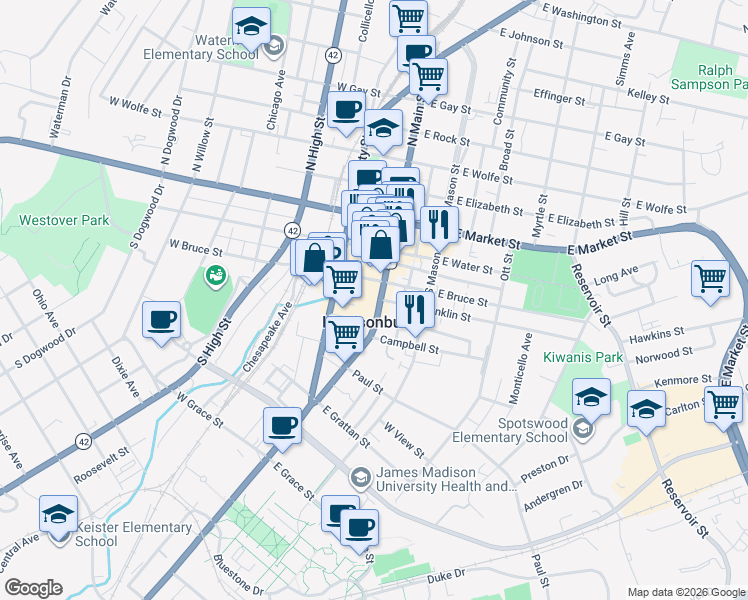 map of restaurants, bars, coffee shops, grocery stores, and more near in Harrisonburg