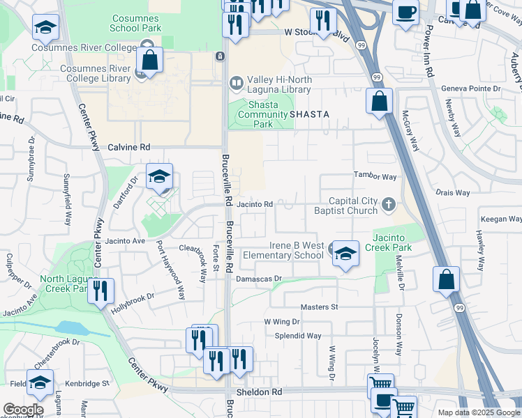 map of restaurants, bars, coffee shops, grocery stores, and more near 6 Jacinto Road in Elk Grove