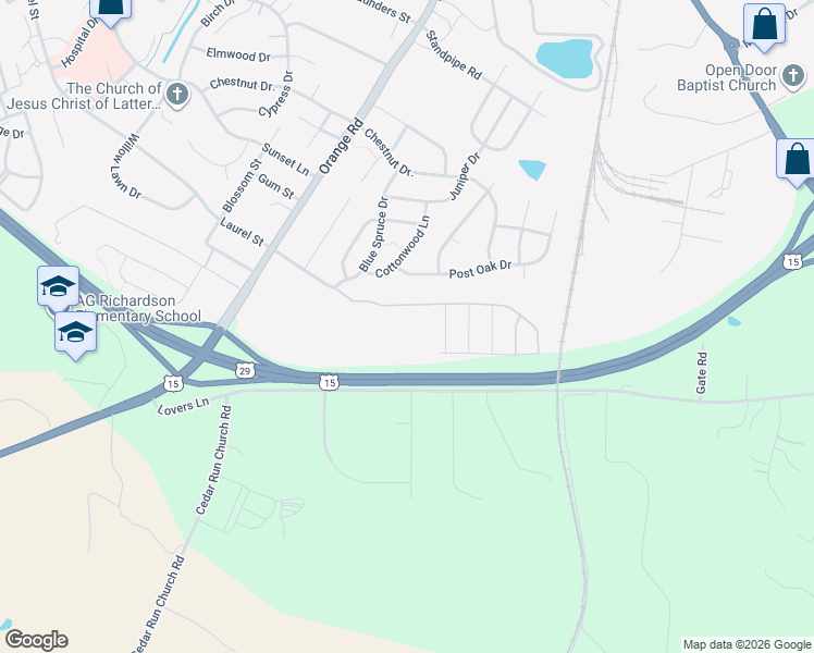 map of restaurants, bars, coffee shops, grocery stores, and more near 2405 Orange Road in Culpeper