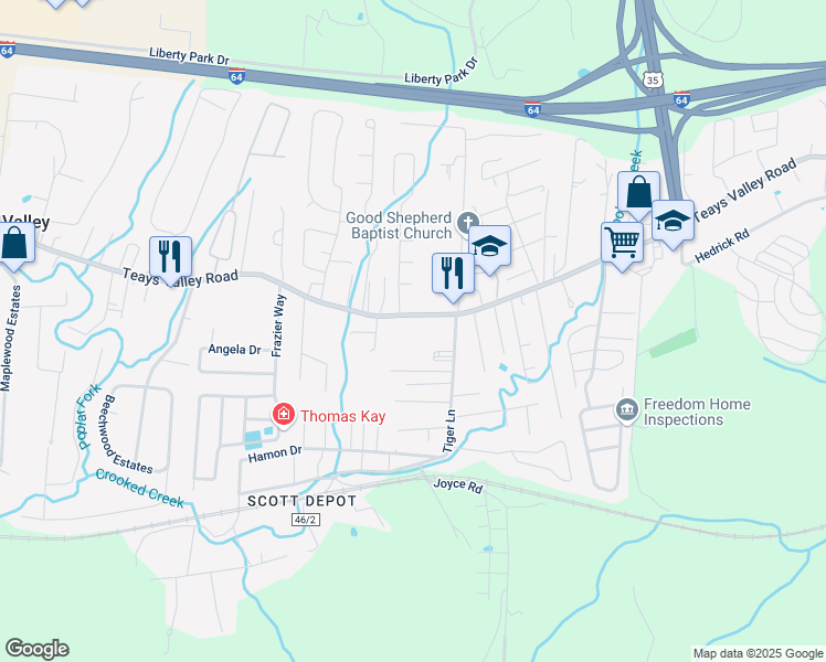 map of restaurants, bars, coffee shops, grocery stores, and more near 6044 Teays Valley Road in Teays Valley