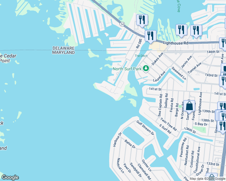 map of restaurants, bars, coffee shops, grocery stores, and more near 13506 Yellow Banks Court in Ocean City