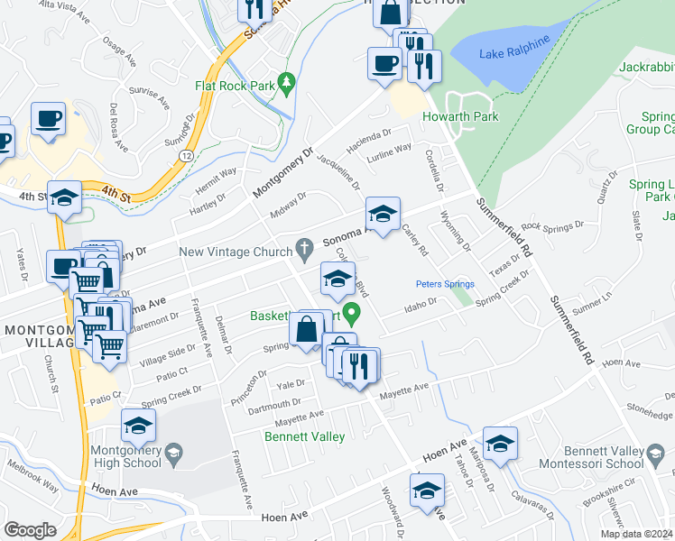 map of restaurants, bars, coffee shops, grocery stores, and more near 855 Colorado Boulevard in Santa Rosa