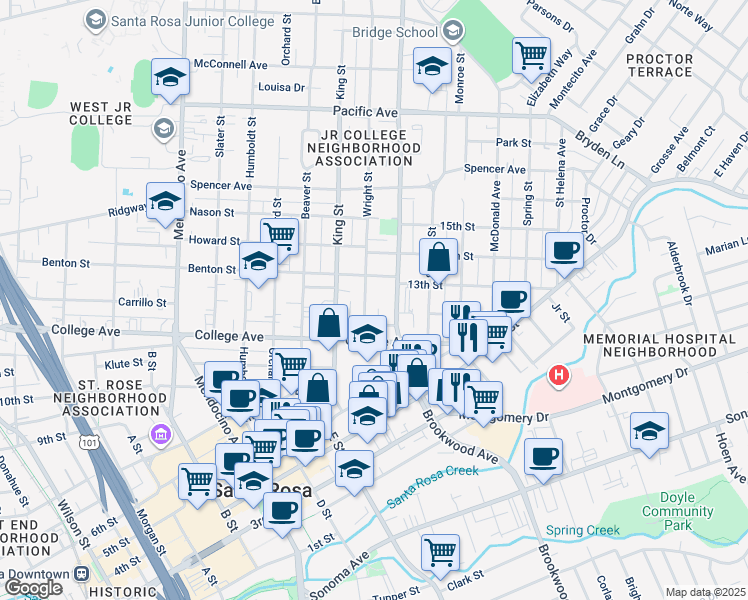 map of restaurants, bars, coffee shops, grocery stores, and more near 622 Wright Street in Santa Rosa