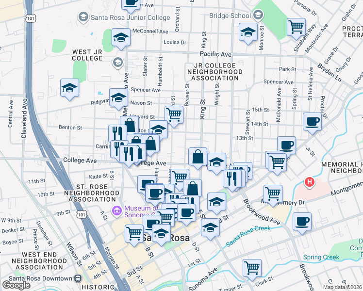 map of restaurants, bars, coffee shops, grocery stores, and more near 732 Beaver Street in Santa Rosa