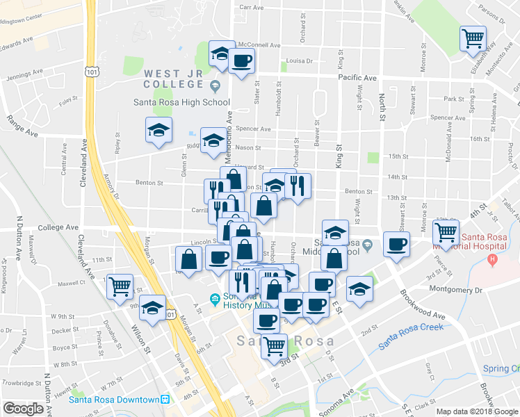 map of restaurants, bars, coffee shops, grocery stores, and more near 731 Humboldt Street in Santa Rosa