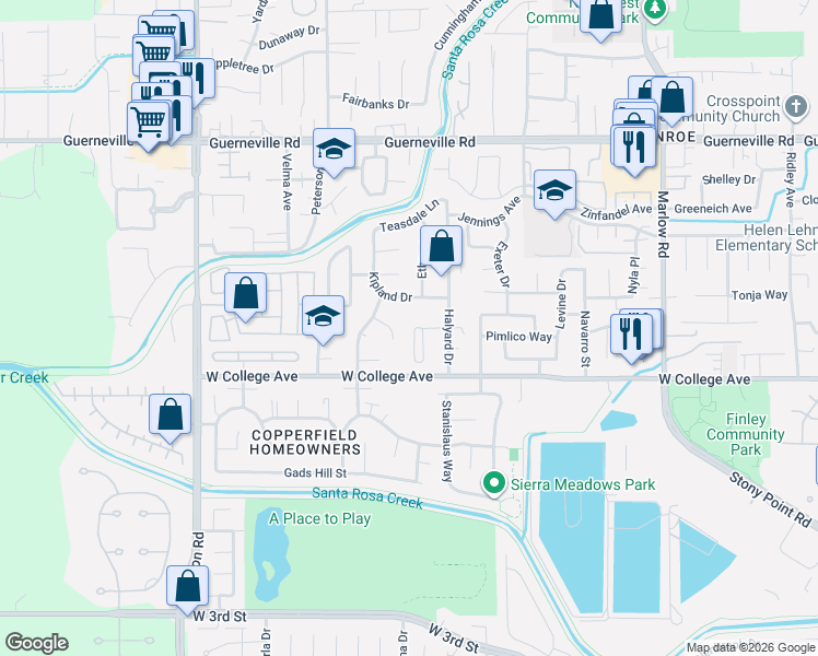map of restaurants, bars, coffee shops, grocery stores, and more near 2325 Mandarin Lane in Santa Rosa