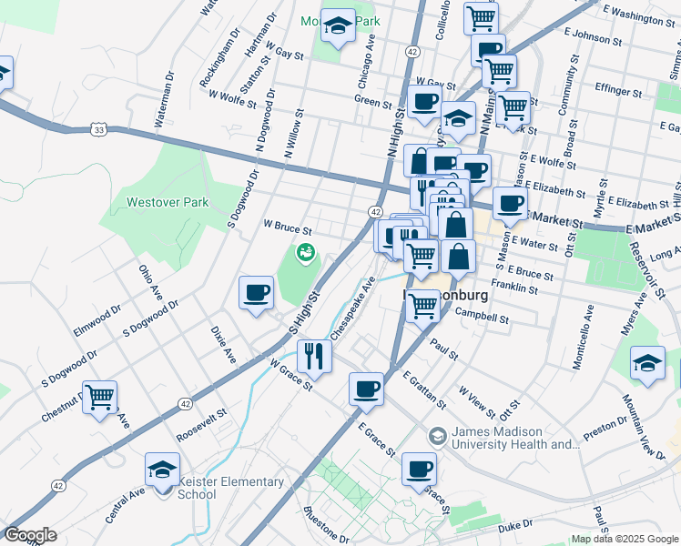 map of restaurants, bars, coffee shops, grocery stores, and more near 264 South High Street in Harrisonburg